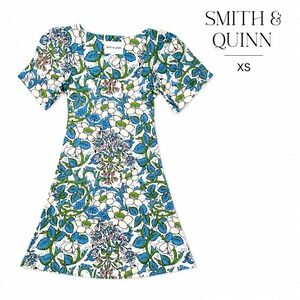Smith & Quinn XS Blue Floral Mini Dress Puff Sleeve Square Neck Fit & Flare